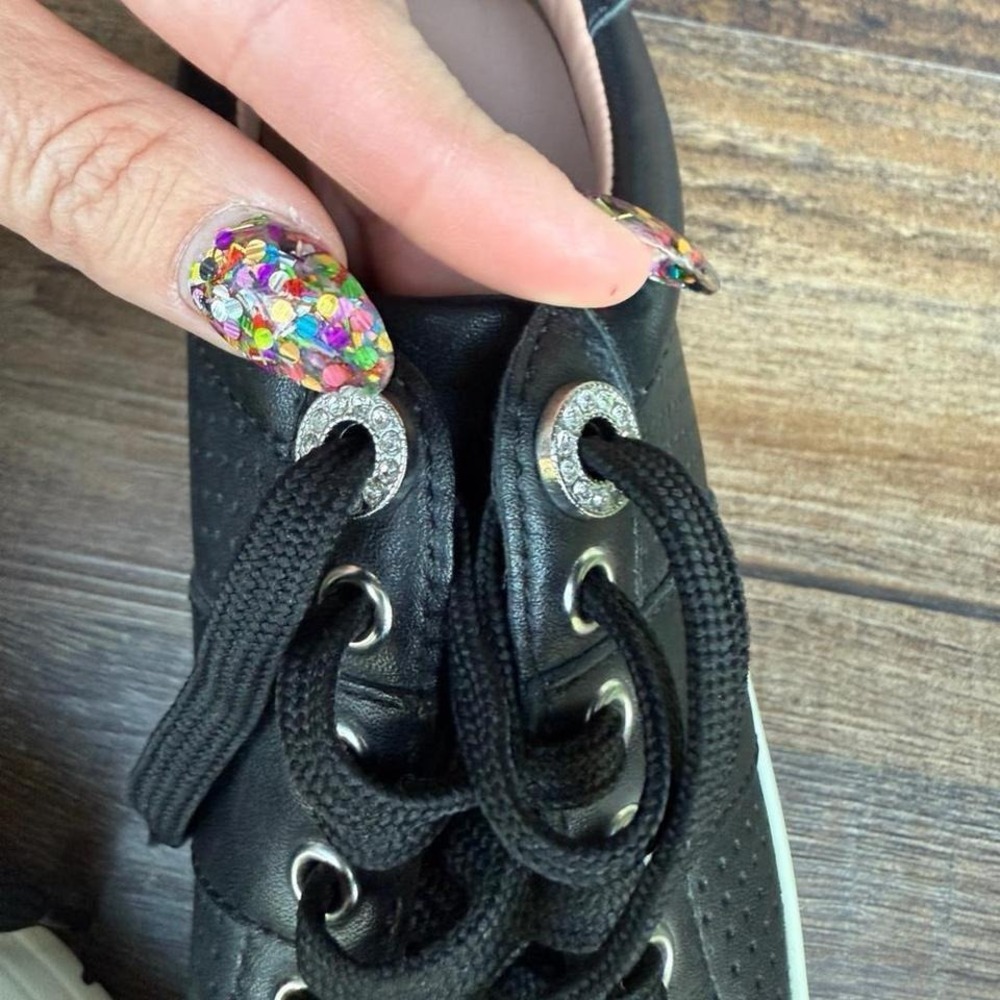 Linea Paolo Black Leather Platform Sneakers Rhinestone Eyelets Womens 6 - Picture 5 of 8